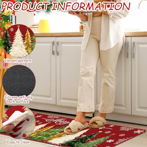Drydiet 3 Pcs Christmas Kitchen Rug and Mat Set Washable Red Xmas Tree Kitchen Floor Mats Waterproof Non Slip Farmhouse Merry Christmas Doormat Holiday Xmas Decor for Home Office Bathroom Party Decor - color: Red, style: Christmas Tree
