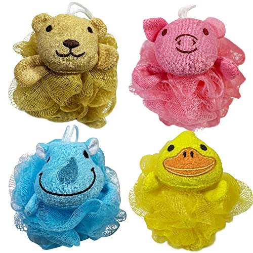 (4 Pack) Lovely Animal Design Kids Exfoliating Bath Scrubber Body Scrubber Shower Ball for Baby Toddler Kids Gentle Exfoliating Bath Sponge Loofah Pouf in Colorful Design (Joyful TERRICOLE) - style: joyful TERRICOLE