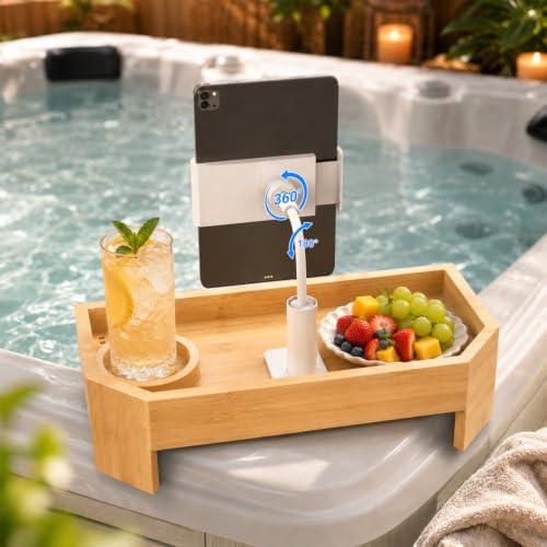 Vespara Bamboo Hot Tub Table with Adjustable Phone Holder, Non Slip Hot Tub Table Spa Gift for Women, Bathtub Canddy Tray with Wine Glass Holder for Luxury Bathtub Bathroom Accessories (Natural) - color: Natural