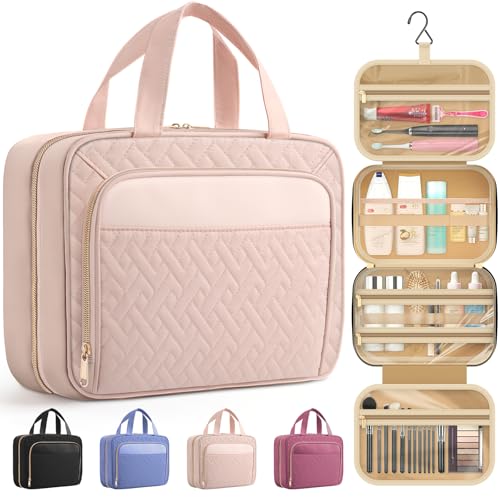 HOTOR Hanging Travel Toiletry Bag Women Men, Pale Pink, Medium | Waterproof Makeup Bag Hanging Hook,Multiple Pockets,Travel Essentials,11.2 x 3.2 x 8.9inches - color: Pale Pink, size: Medium