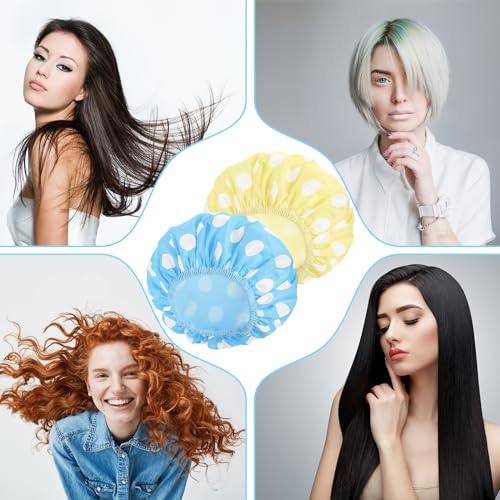 WSICSE 2 Packs Large Shower Cap, Waterproof Reusable Shower Cap Double Layers Hat Bath Caps with Hair Scrunchies for Home Spa Salon, blue, yellow - color: blue, yellow