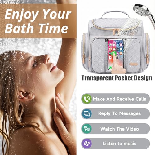 Tealari Large Toiletry Bag for Women Men,Bathroom Bag,Water Resistant Shower Bag,Makeup Bag,Portable Shower Caddy for College Dorm,Hanging Travel Toiletry Bag with Transparent Waterproof Phone Pocket - color: Light Gray-1