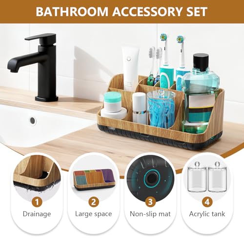 GFWARE Bathroom Toothbrush Holder Set with 2 Pack Qtip Holder Dispenser - 7 Slots Kids Bathroom Accessory Sets with Drainage, Q Tip Holder for Bathroom Sink Counter Accessories Set - color: Wood Sets