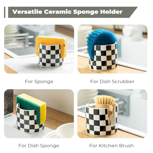 Zoeeker Checkered Kitchen Sink Sponge Holder, Dish Sponge Rack Ceramic Brush Holder Farmhouse Kitchen Drying Rack for Brush, Scrubbers, Bathroom, Sink, Black and White - color: Black and White, size: Cylindrical