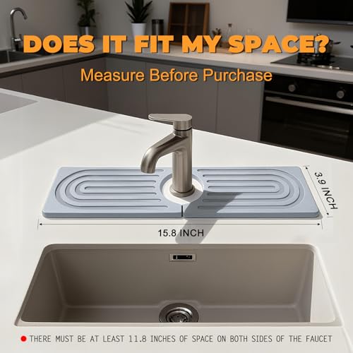 Stone Faucet Mat for Kitchen Sink, Diatomit Fast Drying Stone Mat Sink Protector, Prevent Moisture Water Absorbing Stone Tray for Kitchen Bathroom Counter, 15.8" x 4", Gray - color: 15.8" x 4"_Gray