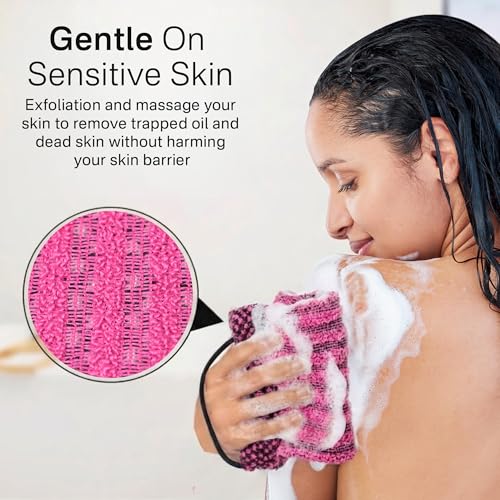 Yiclick Dual-Textured Exfoliating Washcloth Towel - Back Scrubber for Use in Shower Bath, Exfoliating Body Scrubber Exfoliator, Japanese Exfoliate Loofah Lufa Sponge Wash Cloth for Women Men - color: Magenta