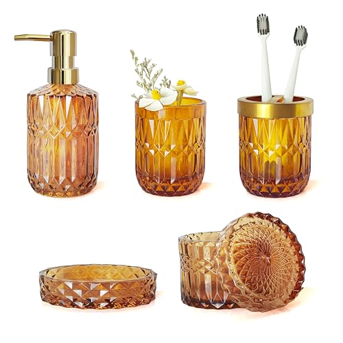 LaMarriti Amber Bathroom Accessories Set, 5Pcs Clear Glass Bathroom Sets, Hand Soap Dispenser, Soap Dish, Toothbrush Holder Set, Qtips Holder for Crystal Vintage Bath Decor, Set - style: Amber Brown