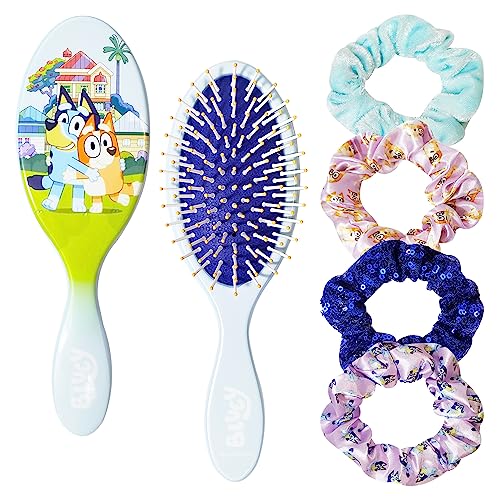 Bluey Hair Accessory 5 Pcs Set - 1 Regular 9 inch Bluey HairBrush For Girls + 4 Bluey Scrunchies For Kids - Accessories For Girls - Detangling Brush - Elastic Hair Ties Ropes Scrunchies Ages 3+ - color: Bluey 5 Piece Hair Accessories
