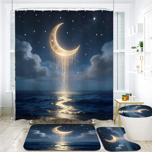 LQCOOL 4Pcs Moon Shower Curtain Set Blue and Gold Sea Bathroom Sets for Bathroom with Rugs Shower Curtain with 12 Hooks - color: Blue Moon
