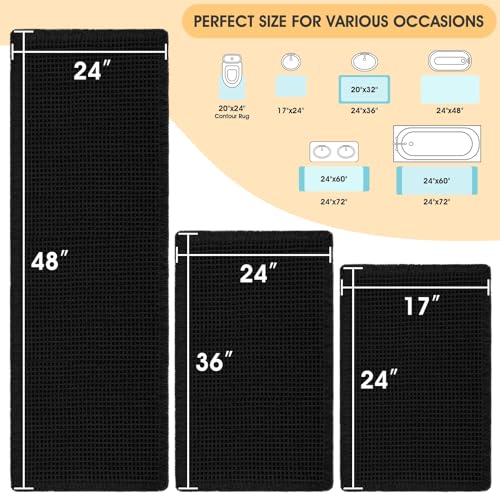 IM HOME Waffle Bath Mat Set 3 Piece Black,Woven Modern Bath Rug Mats, Absorbent Non Slip Bath Floor Mat, Soft Washable Boho Bath Rugs with Tassels for Bathroom, Bedroom, Kitchen,Tub - color: Black, size: 48′′×24′′+ 36′′×24′′+24′′×17′′