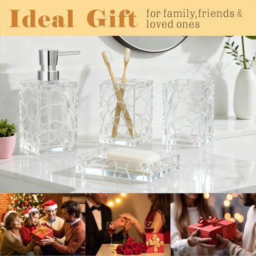 Bathroom Accessories Set 4 PCS Acrylic Countertop Set with Soap Dispenser,Toothbrush Holder,Tumbler,Soap Dish,Boho Modern Bathroom Decor,Gift for Women & Men (White)