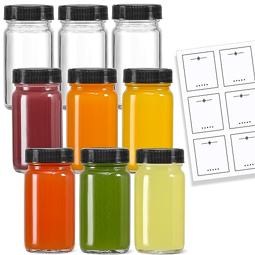 9 Pack, 2 oz Glass Shot Bottles w/ Black Lids & 9 Labels - Small Clear Jar for Ginger, Wellness Shot, Juice, Sample, Whiskey - Travel Essentials Mini Bottles - Wide Mouth, Leakproof, Dishwasher Safe - color: Black Lids, size: 2oz-9 pack