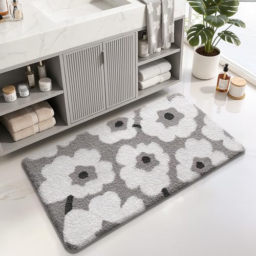 LUMI Bathroom Rugs Cute Floral Design, Soft Absorbent Microfiber Bath Mat Non-Slip, Machine Washable Quick Dry Grey Luxury Rug Flower for Floor, Bathtub, Home Decor, 24"x36" - color: C-white Flower, size: 24"x36"