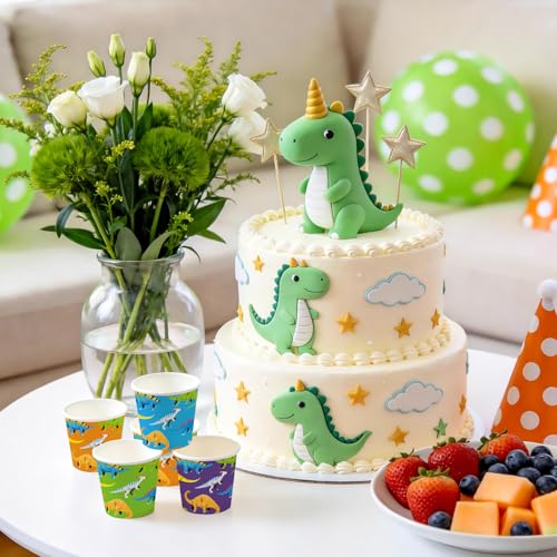WRAPAHOLIC 3oz Dinosaur Paper Cups - 100 Pack Disposable Bathroom Cups with Green Orange Blue Purple 4 Designs, Small Mouthwash Cup for Toothbrush Rinse, Home Bathroom Baby Shower and Kids Birthday - color: Green/Orange/Blue/Purple Dinosaur