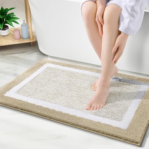 OLANLY Bathroom Rugs 30x20, Extra Soft and Absorbent Microfiber Bath Rugs, Non-Slip, Machine Washable, Quick Dry Shaggy Bath Carpet, Bath Mats for Bathroom Floor, Tub, Shower, Beige - color: Beige and White, size: 30" X 20"
