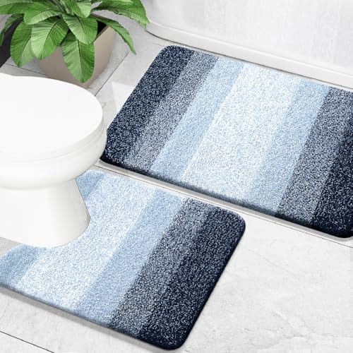 OLANLY Bathroom Rug Set 2 Piece, Soft Absorbent Microfiber Bath Mats and U-Shaped Contour Toilet Rug, Non-Slip, Machine Wash Dry, Plush Shaggy Bath Mats for Bathroom (24"x16"+24"x20", Dark Blue) - color: Dark Blue, size: 24" X 16" + U24" X 20"