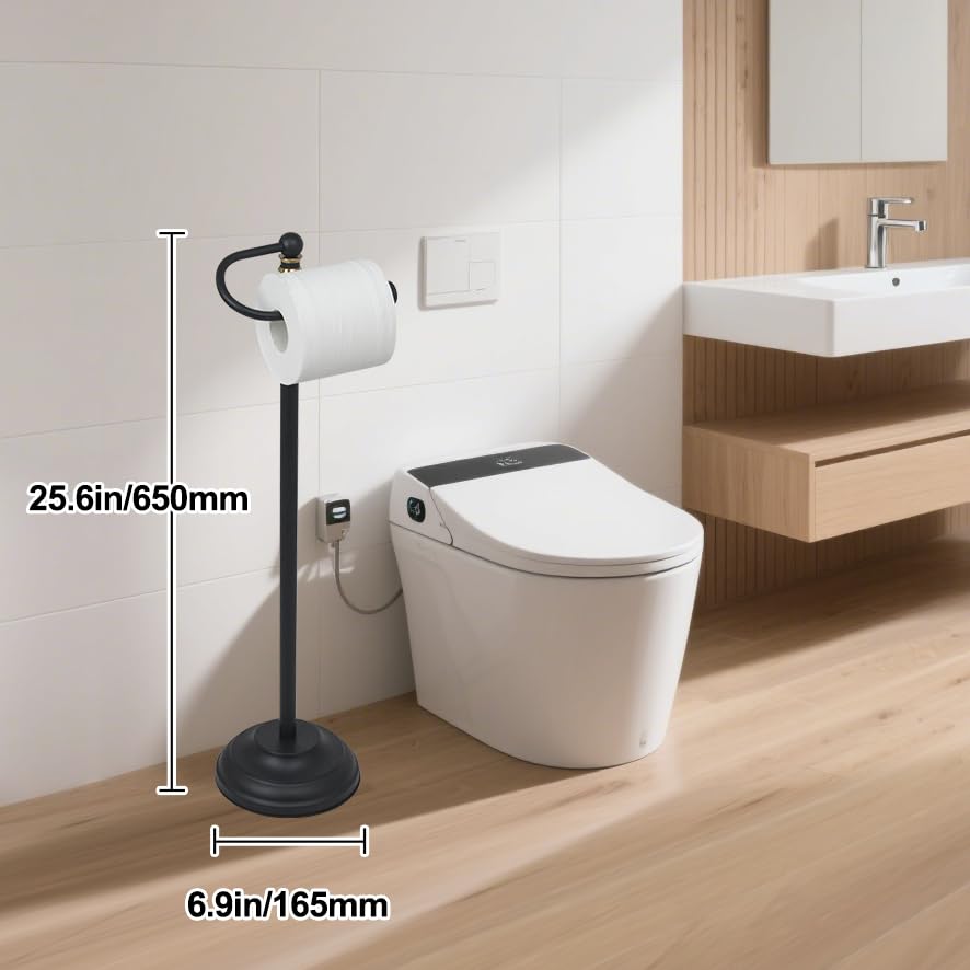 Heavy Base Toilet Paper Holder Stand,Matte Black | Rustproof toilet paper stand,free standing toilet paper holder with Anti-slip base pad,Weighted toilet paper standing holder
