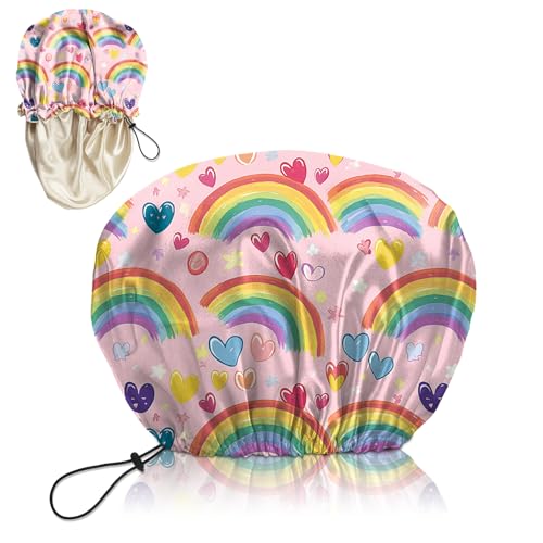Luxury Shower Cap Silk Satin Lined Waterproof Reusable Adjustable Elastic Dry Hair Bathing Caps Cute for Women Girls-Rainbow - color: C-5-Rainbow