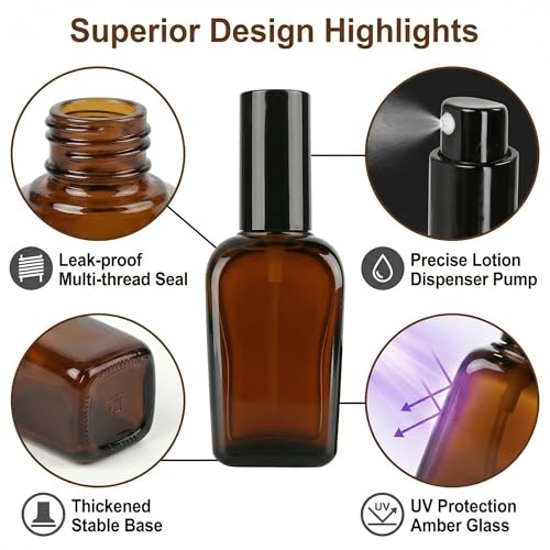 Erioctry 3PCS 100ml Amber Glass Pump Bottles - Refillable Square Containers - size: 100ML