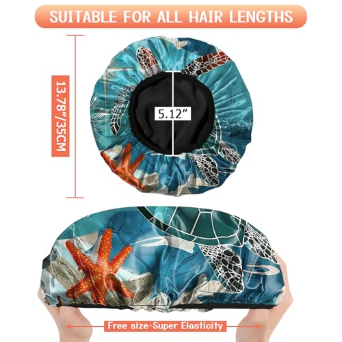 Luxury Shower Cap Terry Lined Reusable Triple Layer Waterproof Hair Elastic Caps Shower Bath Hat for Women Girls Cute Aesthetic-Sea Turtle - color: AL4-Sea Turtle
