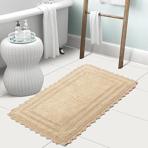 TreeWool 2-Pack Gorjeeus Collection Soft Reversible Bathroom Rug Cotton Bath Mat Set with Crochet Border - Rectangle (19" x 26"; Beige) - color: Beige