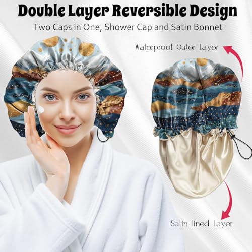 Luxury Shower Cap Satin Lined Reusable Waterproof Double Layer Elastic Adjustable Hair Bath Cap Cute Aesthetic Women Girls-Mountain - color: F18-Mountain