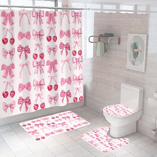 4PCS Pink Bow Shower Curtains Set, with Non-Slip Rugs, Toilet Lid Cover and Bath Mat, Watercolor Aesthetic Cute Cherry Fruit Fabric Shower Curtain for Bathroom Decor, Waterproof 12 Hooks 72X72 - color: Pink