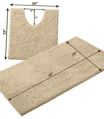 LuxUrux Luxury Chenille Bathroom Rugs - 2-Piece Set, Soft Plush Anti-Slip Bath Mat + U-Shaped Toilet Mat. Super Absorbent, Perfect for Bathroom Decor. (36'' X 24'' + 24'' x 20'' U, Birch) - color: Birch, size: 2 Piece Set - Large