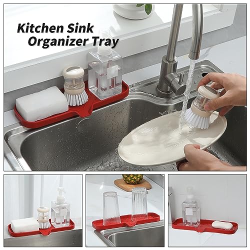 MicoYang Silicone Soap Dish with Drain Spout — Self-Draining Double Sink Organizer Tray for Kitchen & Bathroom, Dispensers, Sponges & Soap Holder, Non-Slip & Dishwasher Safe, Red (Large, 12"×4") - color: Red, size: L(12"×4")