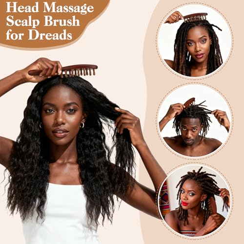 ProSuites 3 Pack Wooden Scalp Massager Tool, Long Handle Head Massage Scalp Loc Brush for Dreads, Multifunctional Hair Massager Tool for Men & Women - color: Red Wood
