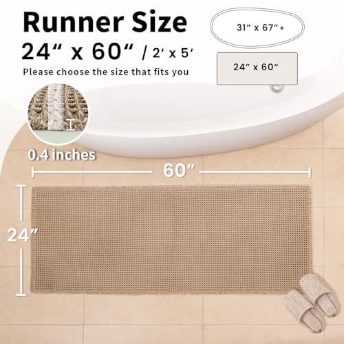 Waffle Runner Bath Mat - Long Boho Bathroom Rugs Non Slip Washable, Super Absorbent & Quick Dry, Soft Bath Mat Farmhouse Bathroom Decor, 24'' x 60'', Khaki - color: Khaki, size: 24'' X 60''