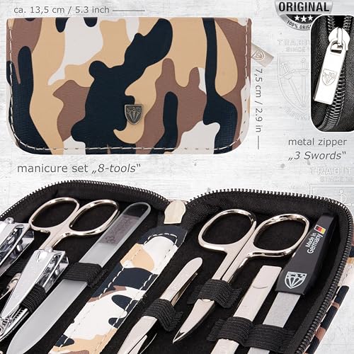 3 Swords Germany - brand quality 8 piece manicure pedicure grooming kit set synthetic leather case camouflage - Made in Germany - color: ARMY/CAMOUFLAGE LOOK
