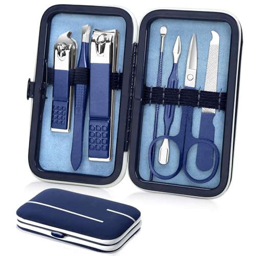 Aceoce Travel Manicure Set Mens Grooming Kit Stainless Steel Nail Clippers Nail Care Tool with Luxurious Travel Case Manicure Pedicure Set Professional Personal Care Gift for Men Family Friends - color: Blue
