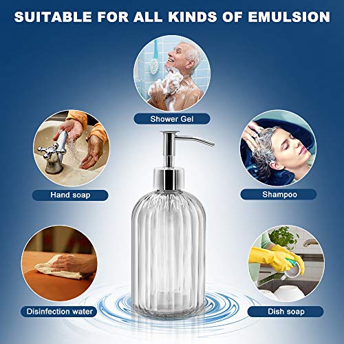 2 Pack Clear Glass Soap Dispenser Bottle with Pump, 14 Oz Refillable Liquid Hand Jar Dispenser for Bathroom, Countertop, Kitchen, Laundry Room - color: Transparent