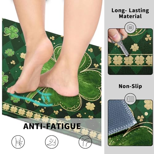 St. Patrick's Day Kitchen Rugs Set 2 Pcs Green Gold Shamrock Clover Washable Runner Rug Non Slip 17"x47"+17"x30", Saint Patricks Day Kitchen Mats for Floor Spring Irish Home Decor - color: Green Shamrock