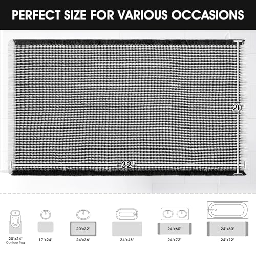 Upgraded Waffle Bath Mat, 32"x20" Black & White, Super Absorbent Non-Slip Quick Dry Bathroom Rugs with Tassels, Machine Washable Ultra Soft Boho Bath Rugs for Floor, Toilet Mats Boho Farmhouse Decor - color: Black & White, size: 1'8" x 2'8" (Rectangular)