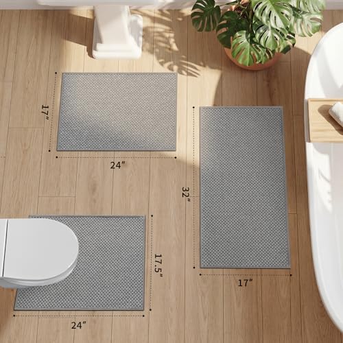YIHOUSE Thin Bath Mat Grey Bathroom Rugs Sets 3 Pieces, Non Slip Absorbent Bath Mats Quick Dry, Woven Braided Rugs Washable, Rubber Tapetes para Baño for Bathroom Toliet,Bathtub - color: Light Grey, size: 3Pieces(17.5"x24"U+17"x24"+17"x32")