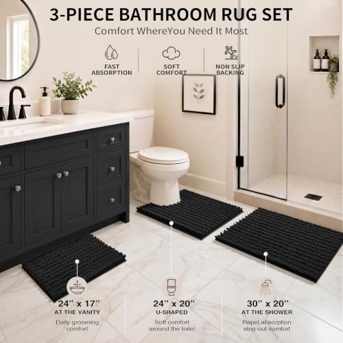 Yimobra Black Bathroom Rug Set 3 Piece - Super Absorbent Quick Dry Chenille Bath Mats & Toilet Rug, Non Slip Machine Washable, Extra Thick Shaggy Floor Mat for Shower Tub Sink - color: Black, size: 24"x17" + 24"x20" + 30"x20"