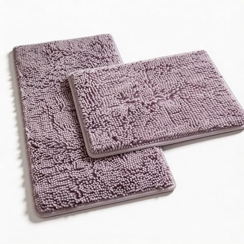 Chenille Bath Mats Set 2 Piece Non-Slip Luxury Bath Runner Rugs Extra Soft Absorbent Shaggy Washable Dry Plush Area Carpet Mats - Lavender - color: Lavender, size: 32"L x 20"W + 24"L x 16"W