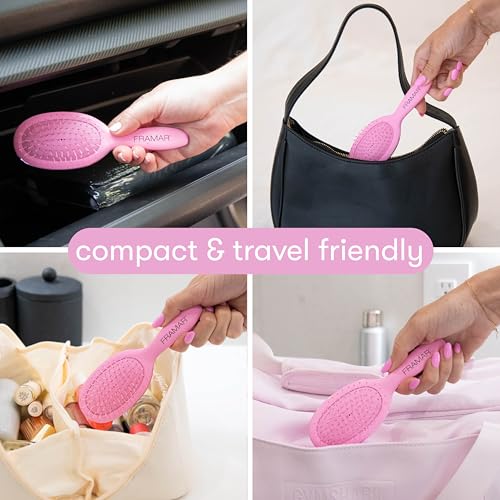 FRAMAR Mini Hair Brush Detangler – Mini Brush For Hair, Small Travel Hair Brush For Women, Travel Hairbrush Detangler, Compact For Travel, Reduces Breakage, For All Hair Types – Matte Pink - color: Pink - Mini