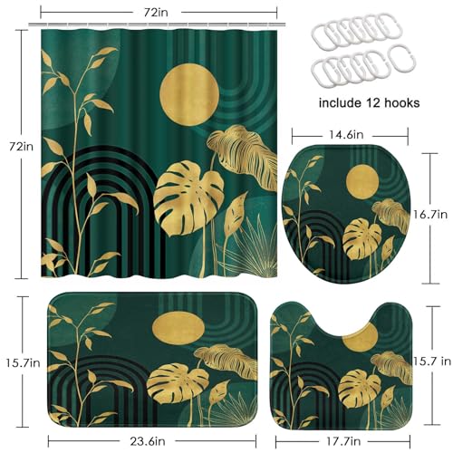 Boho Green Shower Curtain Set with Toilet Lid Cover and Non-Slip Rugs, Tropical Botanical Abstract Green Gold 4 Pcs Modern Minimalist Vintage Shower Curtain for Bathroom Set with 12 Hooks - color: Dark Green