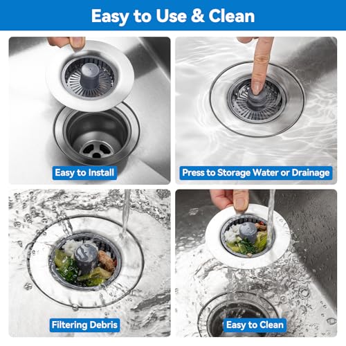 Upgraded 3-in-1 Kitchen Sink Drain Strainer, Stainless Steel Pop Up Kitchen Sink Stopper, Drain Plug for 3.5 Inch Sink Drain Hole, with Anti-Clogging Sink Strainer Basket Filter, Brushed Silver