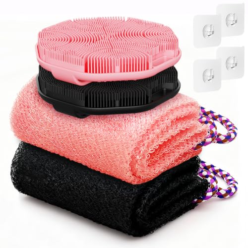 Manmihealth Soft Silicone Body Scruuber & African Bath Sponge Net Set, Gentle-Cleansing Shower Brush & Exfoliating Mesh Combination, Lathering Well Africa Wash Net Shower Scrubber (Black+Pink) - color: Shower Brush+net Sponge Set (Black+pink)
