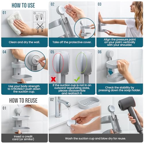 TAILI Soap Holder Soap Dish for Shower, Suction Cup Soap Holder for Shower Wall, Bathroom Accessories, Removable Strong Hold Soap Saver, Drill Free, Grey 2 Layer - color: Grey, size: 2 Tier