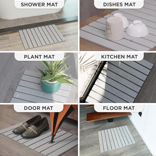 MophonicHome Foldable Stone Bath Mat - Diatomaceous Earth Shower Mat, Non-Slip Quick-Dry Stone Bath Mats for Bathroom Floor, Super Absorbent, Compact Design, Easy to Clean, Light Grey (23.5 x 15) - color: Regular Light Gray