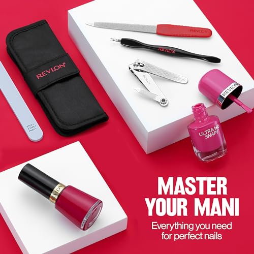 Revlon Manicure Essentials Kit with Travel Case, Nail Care Set with Dual Ended Cuticle Trimmer, Curved Blade Clippers, Compact Emeryl File & Buffer (Pack of 1)