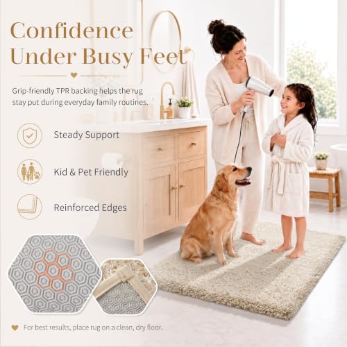 Yimobra Bathroom Rugs Non Slip Washable, Ultra Soft and Water Absorbent Bath Mats, Plush Fluffy Shower Mat Outside, Microfiber Thick Matts for Bathroom Floor/Sink, 24X17, Light Beige and White - color: Light Beige and White, size: 17" X 24"