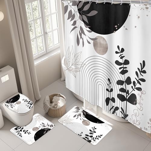 Riyidecor Black White Boho 4Pcs Bathroom Shower Curtain Sets Gray Retro Abstract Leaves Bathroom Decor Set with Rugs and Accessories Modern Neutral Toilet Lid Rug, Contour and Bath Mat with 12 Hooks - color: 06black White