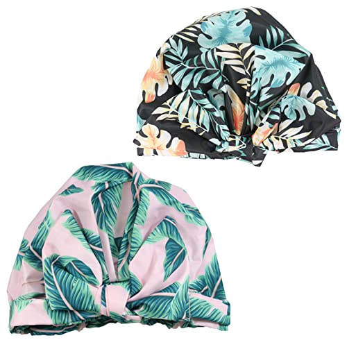 Women Girls Shower Caps, Waterproof Reusable Shower Hair Caps Turban Shower Bath Caps for Long, Short and Curly Hair,Set of 2 (Plant)