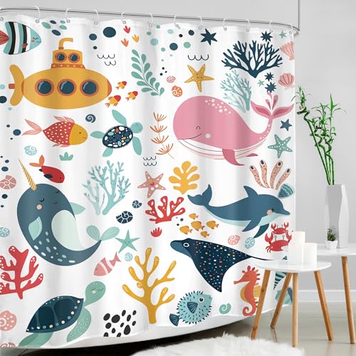 Kids Shower Curtain Ocean Cute Cartoon Whale Funny Kid Bathroom Set Underwater Coastal Submarine Fish Animal Nursery Baby Boys Girls Children 72Wx72H Bath Curtain Fabric Polyester 12 Pack Hooks - color: A 01ocean, size: 72"W x 72"L (Pack of 1)